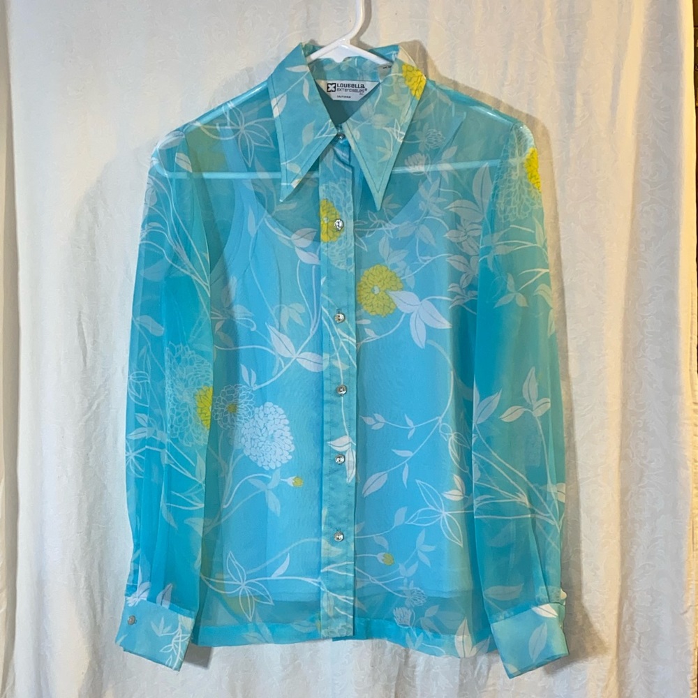 Beautiful Floral Teal Button Down Top with under Tank Top. Size Small